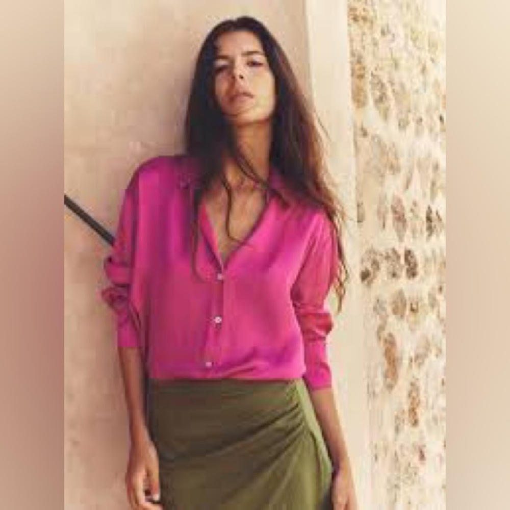 Zara Vibrant Pink / Magenta Satin Button Down Blouse